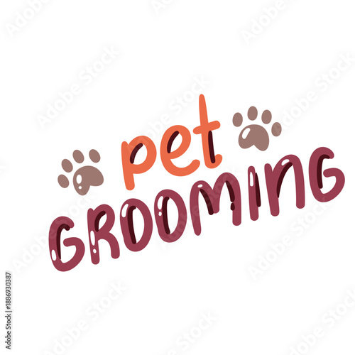 Pet grooming cartoon lettering with hand drawn text and paw icons. Pet grooming word design for pet care, grooming service and animal theme. Cartoon vector illustration.