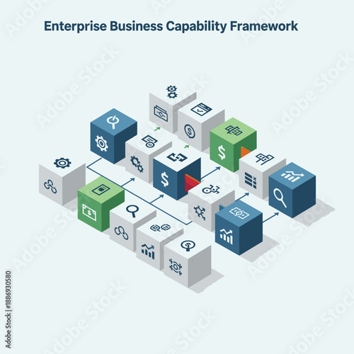 Enterprise Business Capability Framework 3D Cubes Infographic.