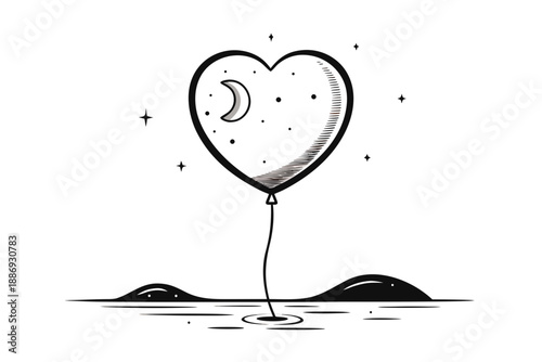 heart balloon above tiny crescent dot