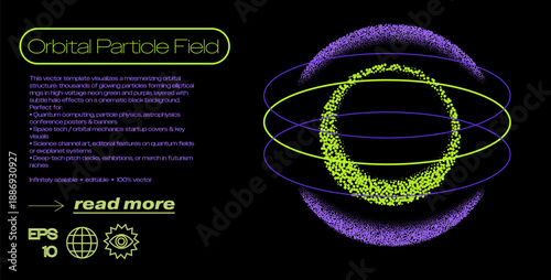 Green and purple particles forming elliptical orbital rings, layered halo-voltage effects, and cinematic particle field orbits. Conceptual vector illustration for orbital particle field.