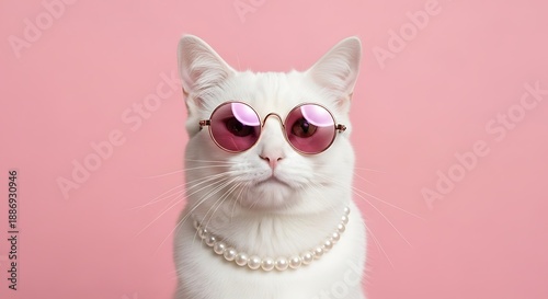 Elegant white cat wearing pink sunglasses and pearl necklace on pink background