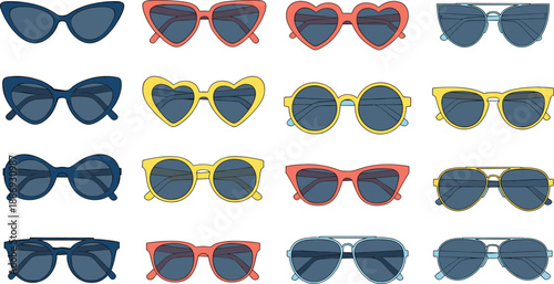 Set of colorful sunglasses frames in various trendy shapes, fashion eyewear collection illustration isolated on white background