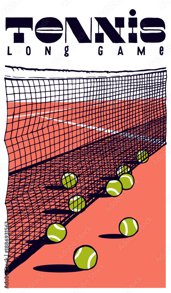 Fototapeta premium Tennis balls near the net. Tennis long game vintage typography t-shirt print vector illustration.