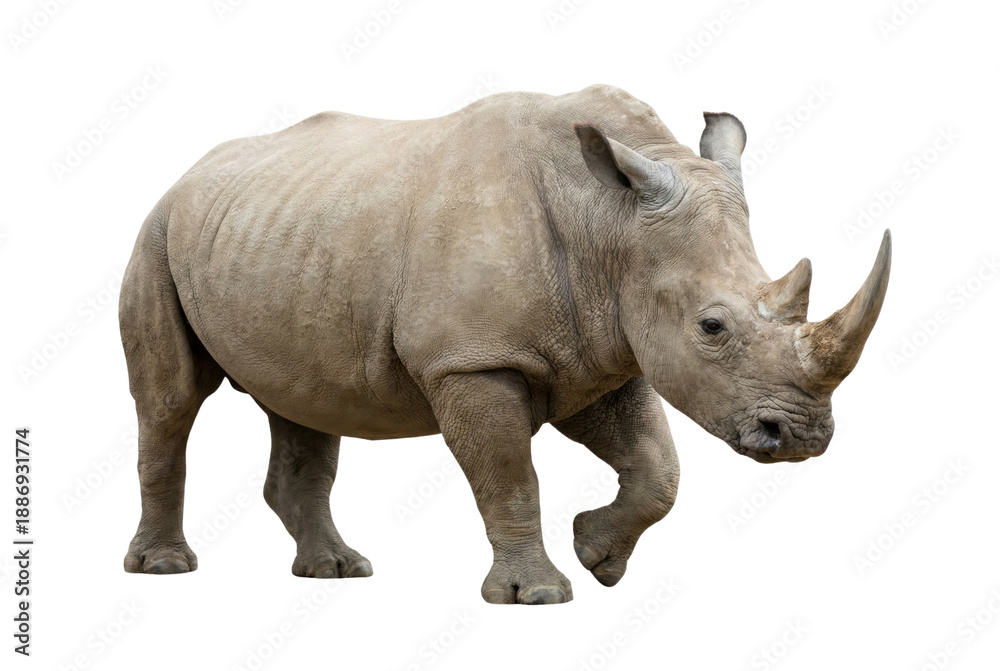 Fototapeta premium White Rhinoceros Walking Isolated on White Background