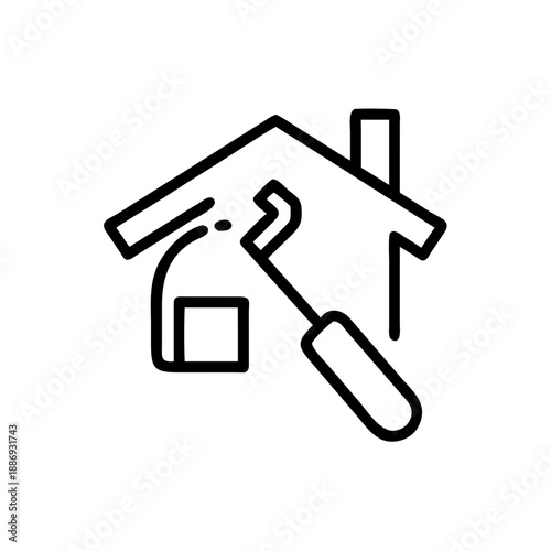 Apartment renovation design concept with a paint roller and house outline on a white background with copy space