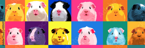 Nine cute guinea pigs in a colorful pop art distinct grid pattern. Pop art guinea pig distinct pet portraits grid