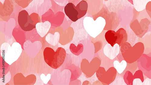 Watercolor hearts creating a seamless pattern in shades of pink and red on a white background. Seamless watercolor heart pattern for Valentine's Day love