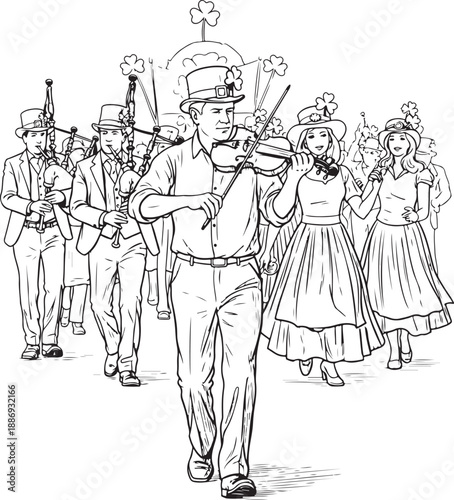 Traditional irish parade with musicians line art Vector