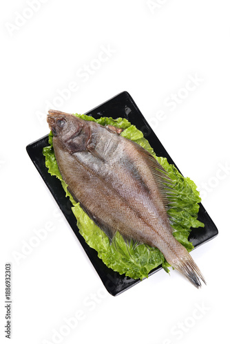 Photos Fresh Dalian Flounder Fish on Black Tray with Lettuce - Premium Deep Sea Seafood