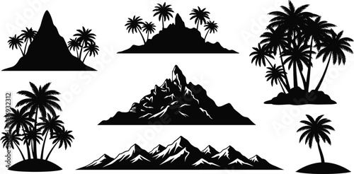 Black and white tropical island and mountain silhouette set featuring palm trees and landscapes for travel illustration, nature design, and scenic graphics