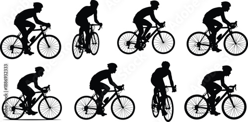 Road cycling athlete silhouette set showing professional bicycle riders in motion, isolated black shapes for sport, fitness, and racing design