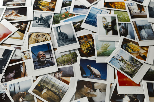 Collection of printed photos showing various subjects, including people, animals, and nature in different locations and activities
