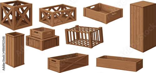 Set of wooden crates and boxes in various shapes, rustic storage and packaging illustration isolated on white background