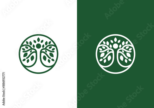 Nature themed line art logo vector design of green tree and human inside circle, abstract tree logo symbol inside circle.
