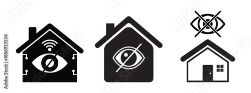 Home security icons: privacy eye with crossed out symbol, Wi-Fi signal, and circuit board elements.