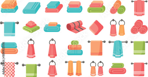 Colorful flat vector towel icons set featuring folded and rolled bath, hand, and spa towels for bathroom, hotel, and laundry design