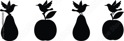 Silhouettes of birds perched on fruits including pear and apple shapes for nature, decorative, animal, and vector design content