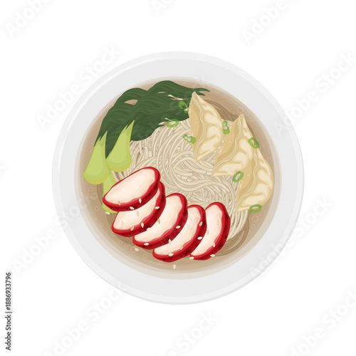Vector Illustration logo Clip art Top View Char Siu Noodle Soup with Wonton