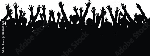 Crowd of people silhouette with raised hands, cheering audience at concert, protest group of many persons, party celebration background, community unity vector illustration