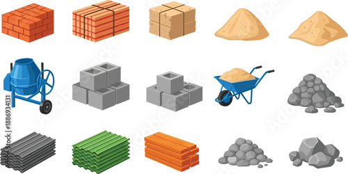Construction materials icons set with bricks cement mixer concrete blocks sand gravel wood and metal elements isolated for building industry illustration
