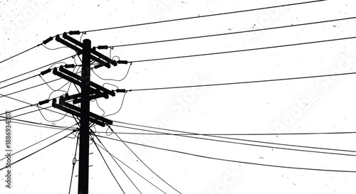 Electric power line silhouette illustration, utility pole with cables wires, black energy infrastructure concept isolated on white background design