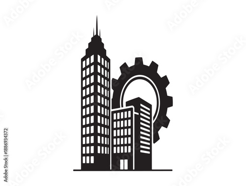 Modern cityscape integrated with industrial gears symbolizing progress and the fusion of technology and urban life
