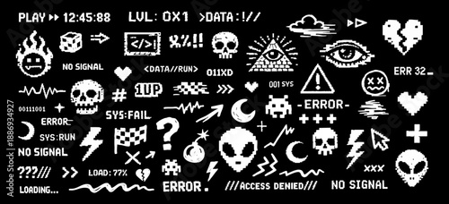 Collection of retro pixel art glitch icons and computer error text elements in 8-bit style on a black background.