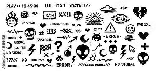 Collection of retro 8-bit pixel art elements, icons, and text with a glitchy cyber aesthetic and gaming themes on a white background.