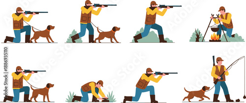 Hunter activities illustration set showing hunting scenes with rifle, dog tracking, camping, aiming, and outdoor wilderness actions in flat vector style
