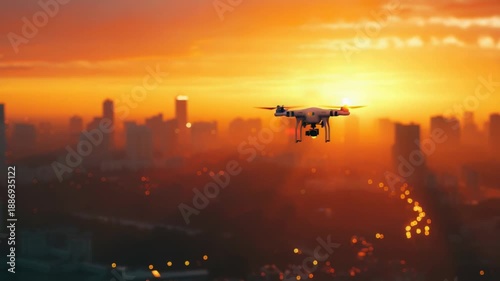 Video Aerial view of city skyline at sunset, with a drone flying overhead