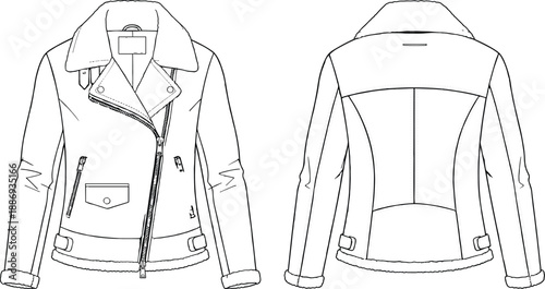 Front and back view biker leather jacket technical fashion illustration vector outline design for apparel manufacturing and clothing productionFront and back 