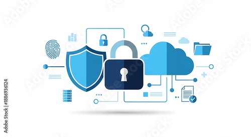 A graphic illustration of cloud data security with a padlock and shield