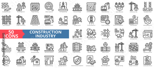 construction industry icon set outline style illustration. containing site management, design coordination, project planning, civil engineering, safety inspection, survey equipment, cost estimation