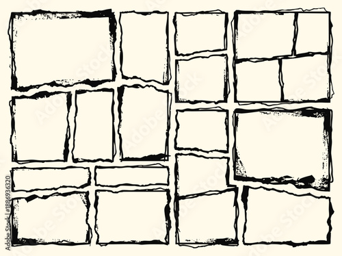 Grunge frame and border set with hand drawn ink textures in a rough torn paper sketch style. A vector illustration collection for photo collages, comic book layouts and social media posts.