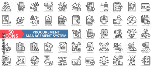 procurement management system icon set outline illustration. contain strategic sourcing, record keeping, digital signature, supply chain, request quotation, audit trail, delivery schedule, rating
