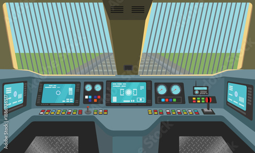 Modern Train Cockpit Interior Vector - Realistic Locomotive Driver Cabin with Digital Dashboard and Emergency Controls
