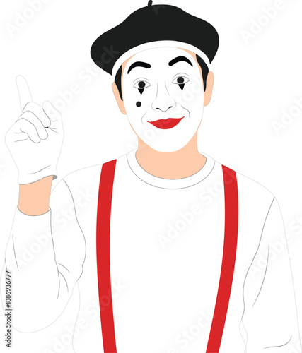 Classic Male Mime Artist Character with White Face Paint, Beret, and Red Suspenders Pointing Up for Entertainment, Performance Art, and Creative Theater Concept Designs