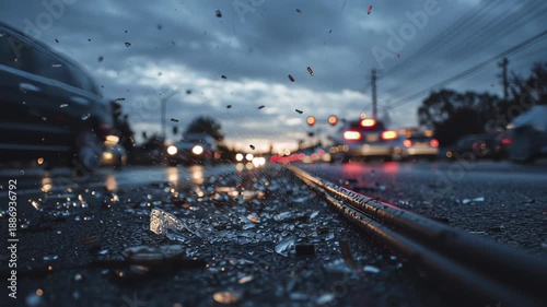 Shattered glass lit by headlights litters the road after a car crash