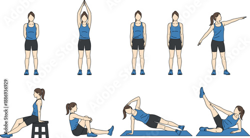Collection of Woman Fitness Exercise Icons Including Yoga Poses, Stretching, Side Plank, and Strength Training for Healthy Lifestyle Apps, Workout Guides, and Gym Promotion Designs