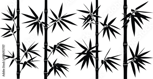 Bamboo Forest Silhouette Collection Featuring Black Stems and Leaves on White Background for Zen Asian Design cad drawing flat vector illustration