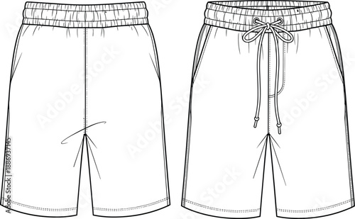 Men's drawstring shorts technical fashion flat sketch vector with elastic waistband and side pockets.
