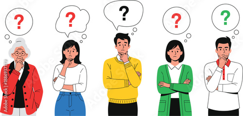 Diverse Group of Confused People Thinking with Question Marks in Speech Bubbles for Frequently Asked Questions, Customer Support, and Problem Solving Concept Designs