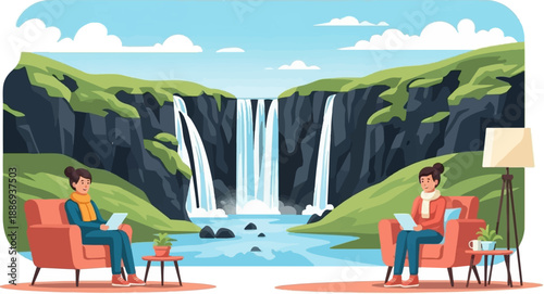 Two women relax in armchairs reading tablets near a majestic waterfall