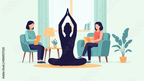 Two women in a room, one meditating, the other sitting on a chair with a tablet