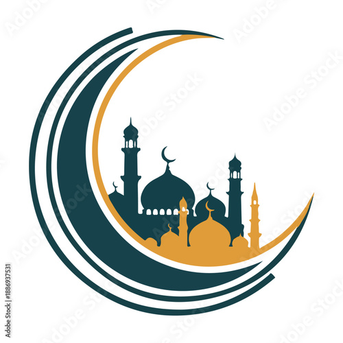 Crescent Arc Cradles Golden Mosque: Night Sky, Minarets, Domes, Ramadan Serenity, Spiritual City Views