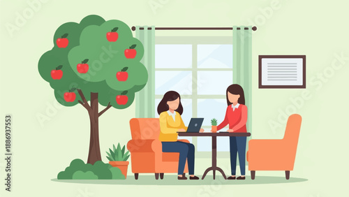 Two women in a room, one using laptop, by apple tree