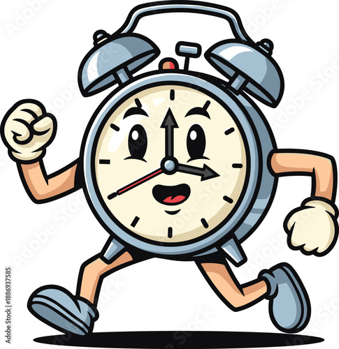 Alarm clock cartoon illustration, running clock artwork, anthropomorphic time design, cheerful character concept, urgency symbol, playful mascot style