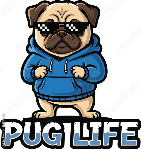 Pug cartoon illustration, meme artwork design, street style mascot, cool dog concept, humorous character style, rebellious symbol
