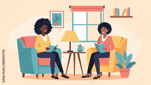 Two women relax in cozy armchairs, reading books in a warm, inviting room