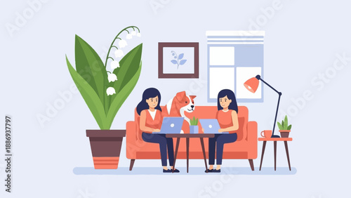 Two women and dog working on laptops on sofa